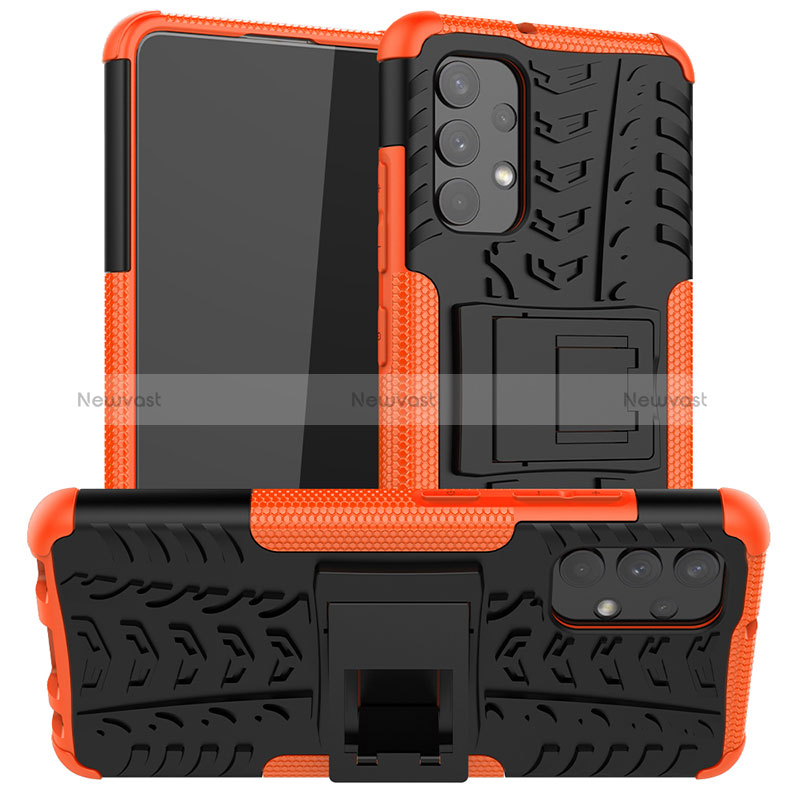 Silicone Matte Finish and Plastic Back Cover Case with Stand JX2 for Samsung Galaxy A32 5G Orange