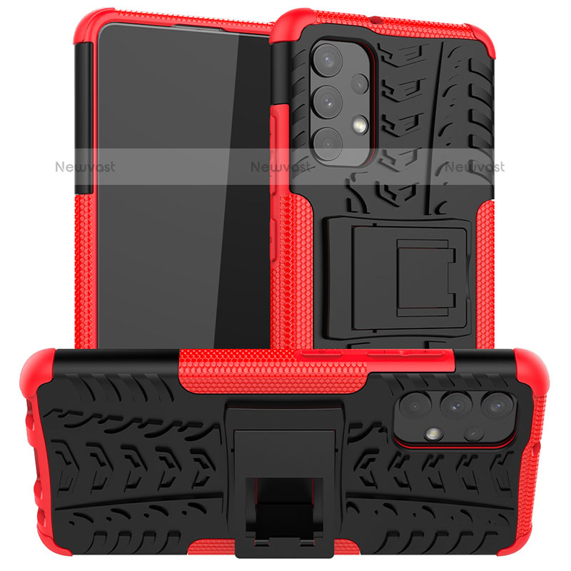 Silicone Matte Finish and Plastic Back Cover Case with Stand JX2 for Samsung Galaxy M32 5G Red