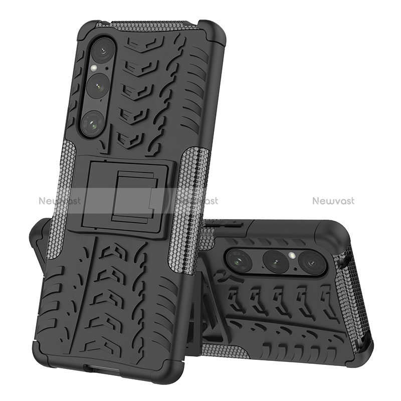 Silicone Matte Finish and Plastic Back Cover Case with Stand JX2 for Sony Xperia 1 V Black