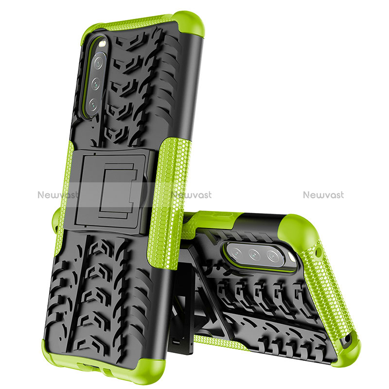 Silicone Matte Finish and Plastic Back Cover Case with Stand JX2 for Sony Xperia 10 III Green