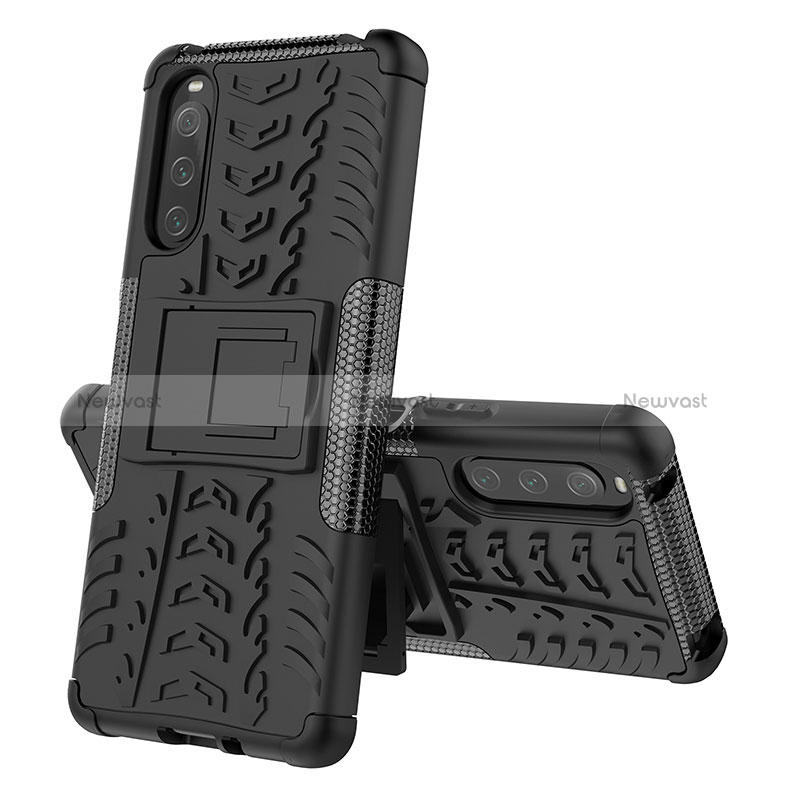 Silicone Matte Finish and Plastic Back Cover Case with Stand JX2 for Sony Xperia 10 IV Black