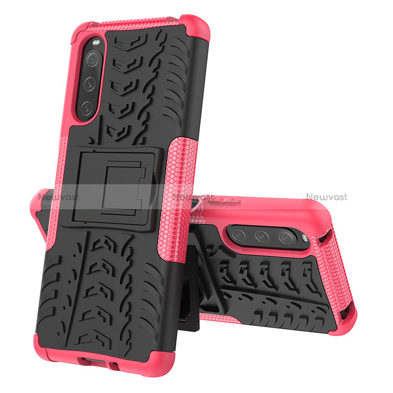 Silicone Matte Finish and Plastic Back Cover Case with Stand JX2 for Sony Xperia 10 IV Hot Pink