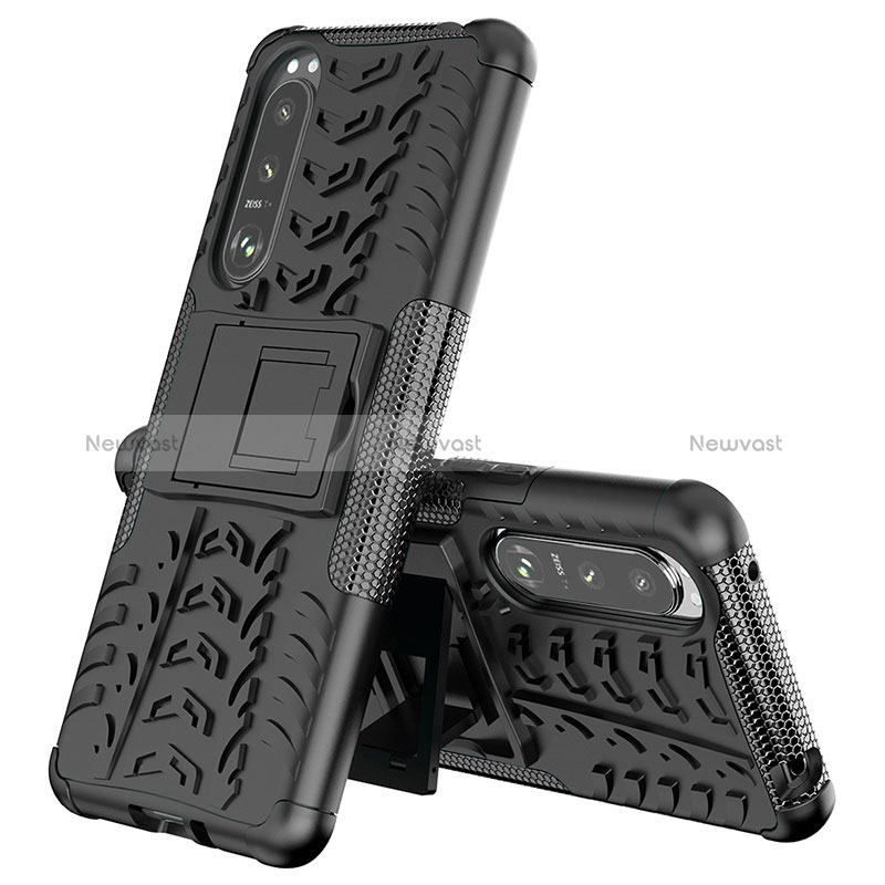 Silicone Matte Finish and Plastic Back Cover Case with Stand JX2 for Sony Xperia 5 III SO-53B Black