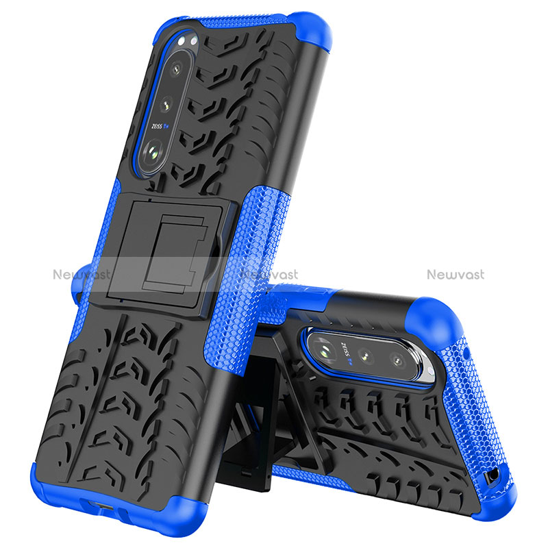 Silicone Matte Finish and Plastic Back Cover Case with Stand JX2 for Sony Xperia 5 III SO-53B Blue