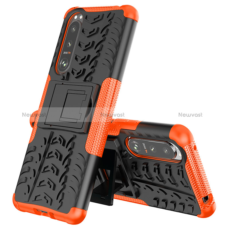 Silicone Matte Finish and Plastic Back Cover Case with Stand JX2 for Sony Xperia 5 III SO-53B Orange