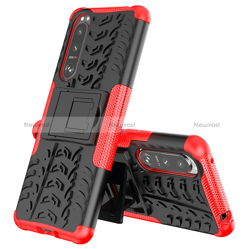 Silicone Matte Finish and Plastic Back Cover Case with Stand JX2 for Sony Xperia 5 III SO-53B Red