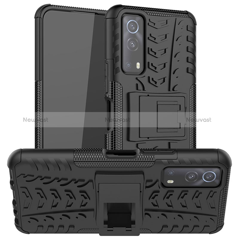 Silicone Matte Finish and Plastic Back Cover Case with Stand JX2 for Vivo iQOO Z3 5G Black