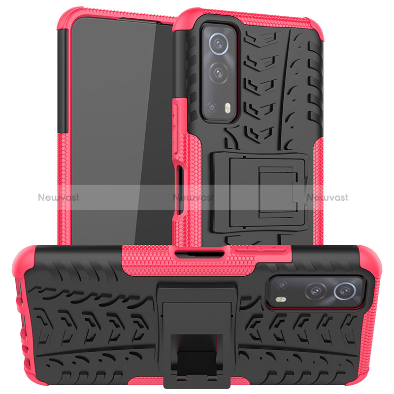 Silicone Matte Finish and Plastic Back Cover Case with Stand JX2 for Vivo iQOO Z3 5G Hot Pink