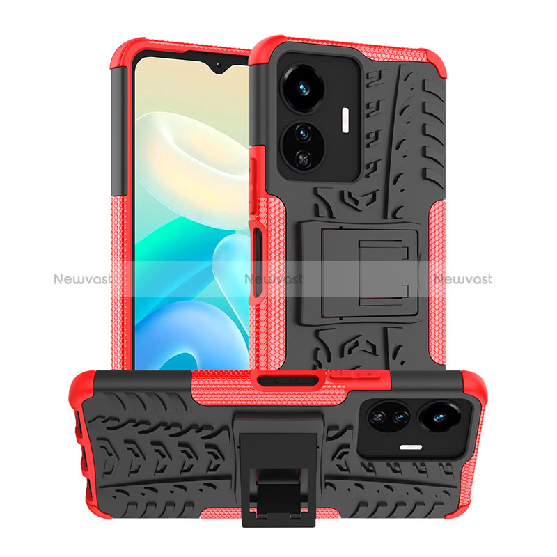 Silicone Matte Finish and Plastic Back Cover Case with Stand JX2 for Vivo iQOO Z6 Lite 5G Red