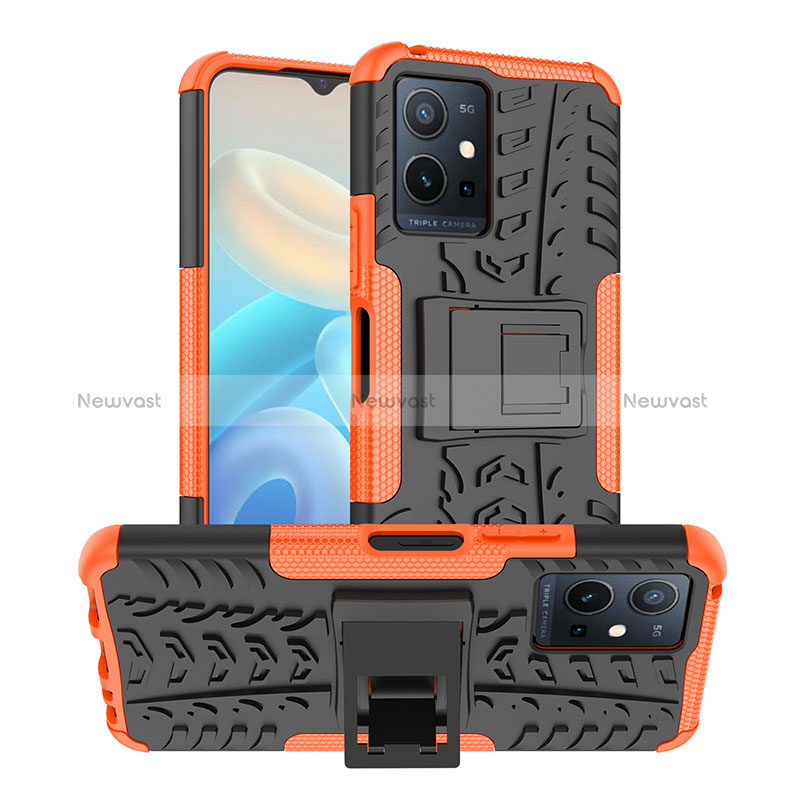 Silicone Matte Finish and Plastic Back Cover Case with Stand JX2 for Vivo T1 5G India Orange