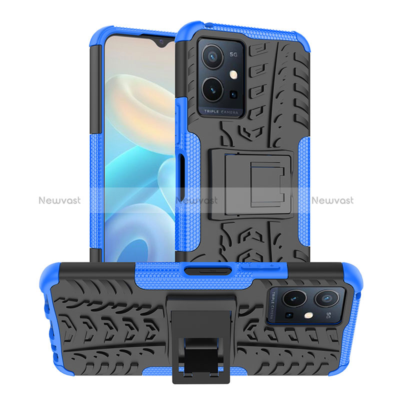 Silicone Matte Finish and Plastic Back Cover Case with Stand JX2 for Vivo Y33e 5G Blue