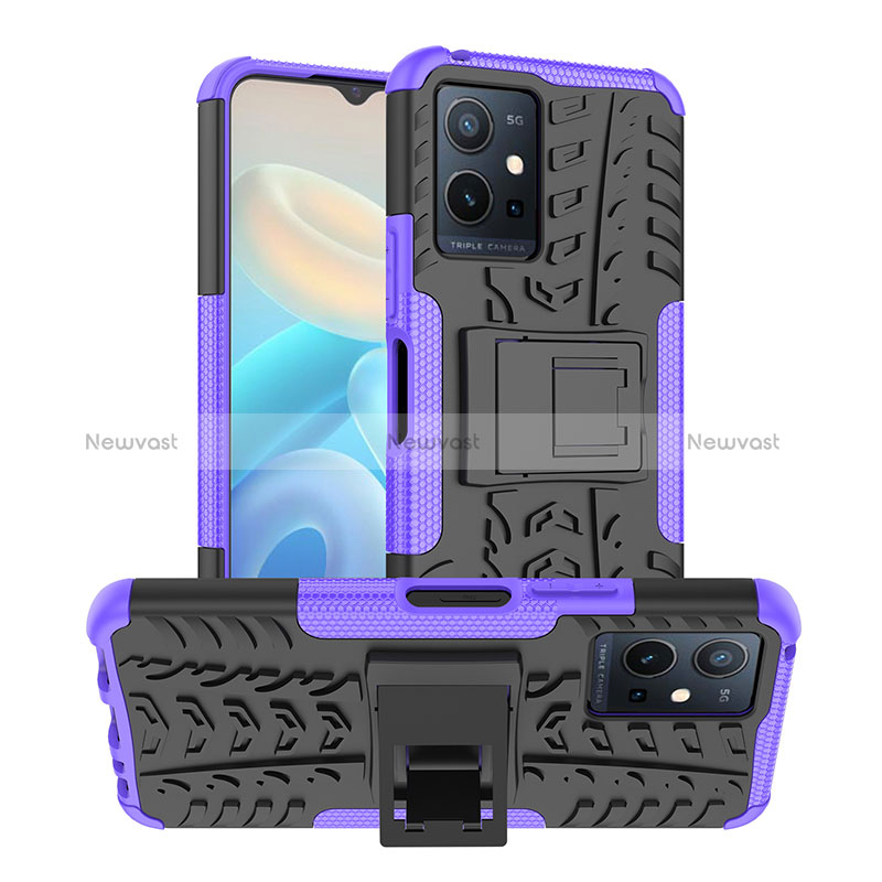 Silicone Matte Finish and Plastic Back Cover Case with Stand JX2 for Vivo Y33e 5G Purple