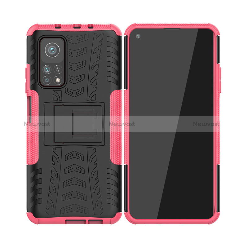 Silicone Matte Finish and Plastic Back Cover Case with Stand JX2 for Xiaomi Mi 10T Pro 5G Hot Pink