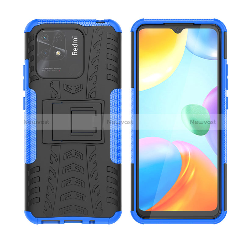 Silicone Matte Finish and Plastic Back Cover Case with Stand JX2 for Xiaomi Redmi 10 India Blue