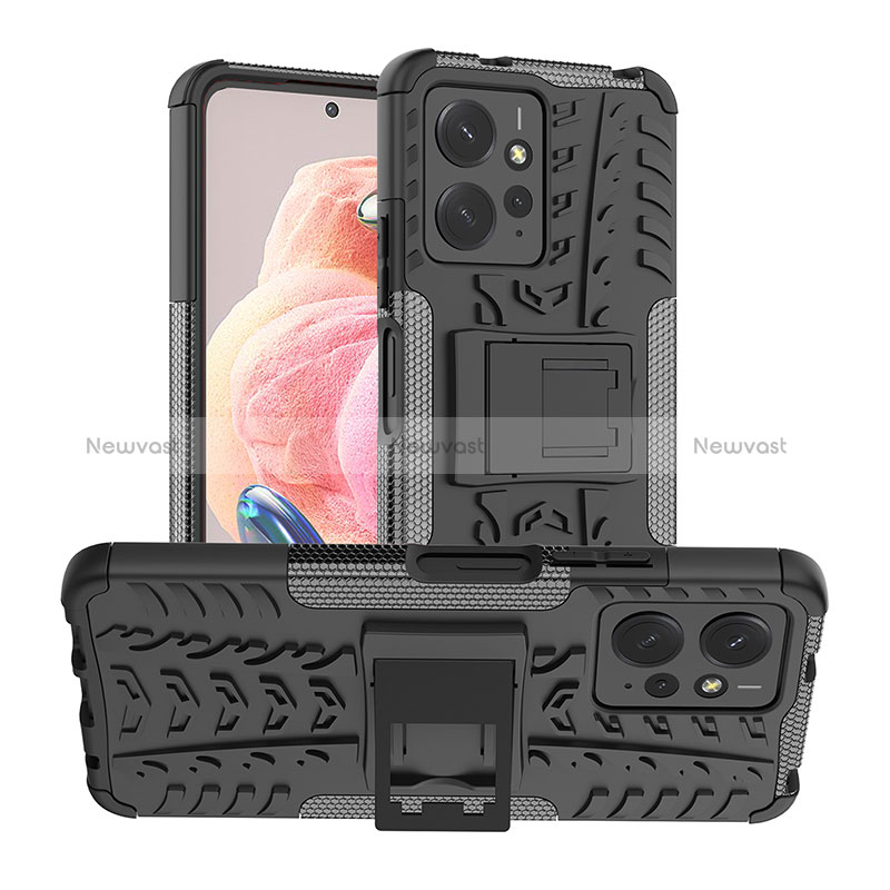 Silicone Matte Finish and Plastic Back Cover Case with Stand JX2 for Xiaomi Redmi Note 12 4G Black