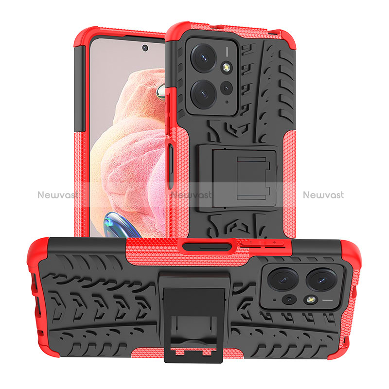 Silicone Matte Finish and Plastic Back Cover Case with Stand JX2 for Xiaomi Redmi Note 12 4G Red