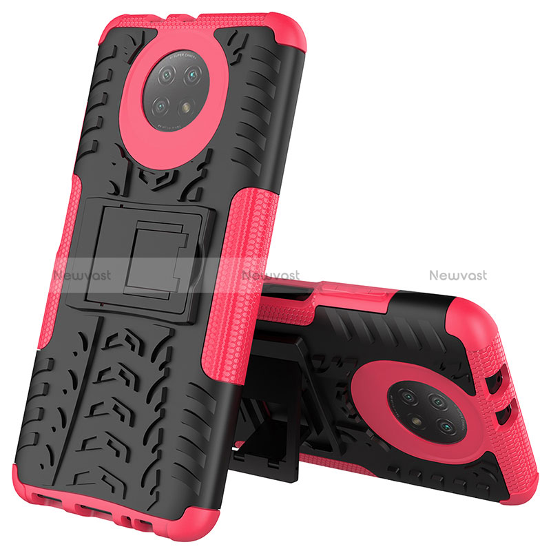 Silicone Matte Finish and Plastic Back Cover Case with Stand JX2 for Xiaomi Redmi Note 9 5G Hot Pink