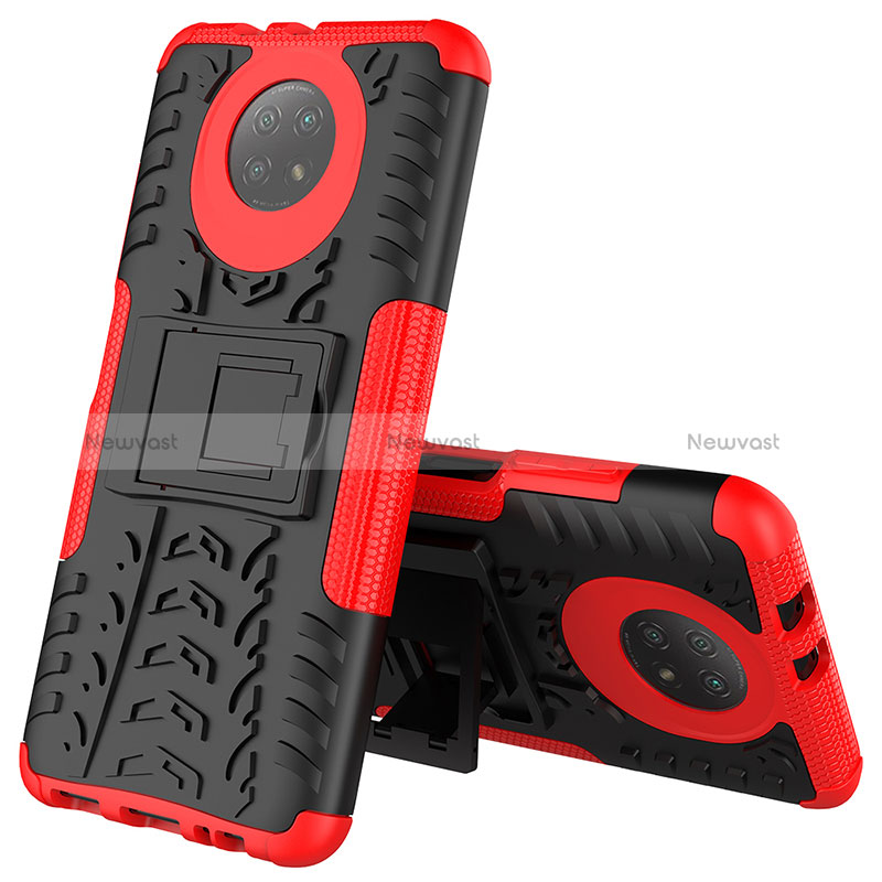 Silicone Matte Finish and Plastic Back Cover Case with Stand JX2 for Xiaomi Redmi Note 9T 5G Red