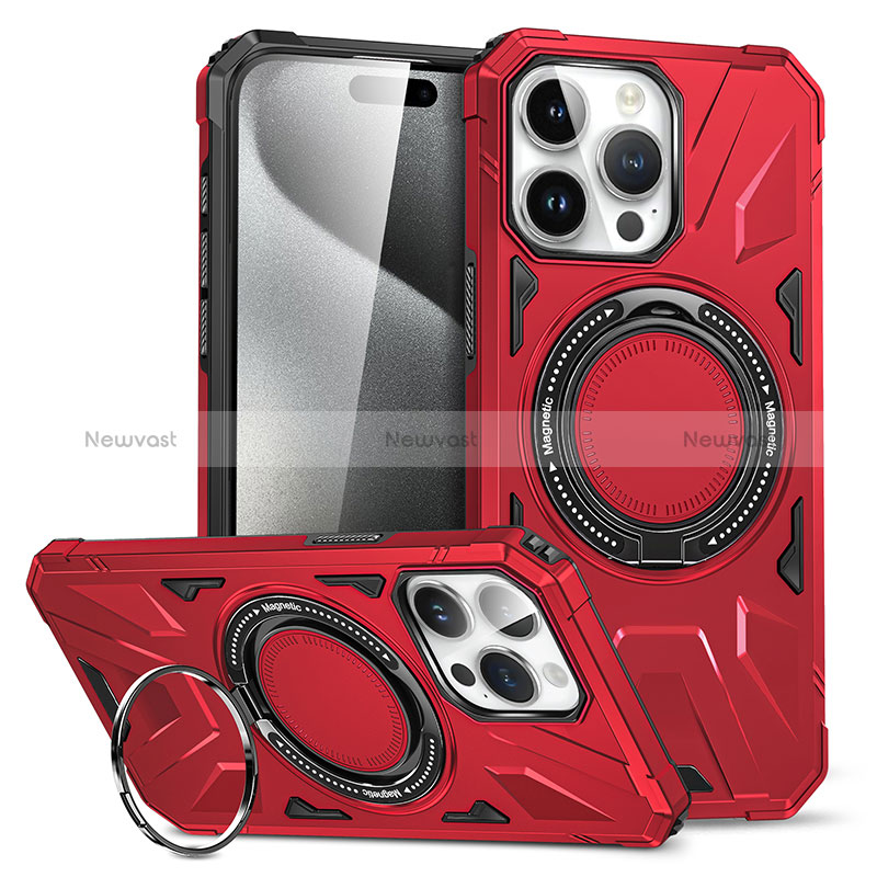 Silicone Matte Finish and Plastic Back Cover Case with Stand K02C for Apple iPhone 15 Pro Max Red