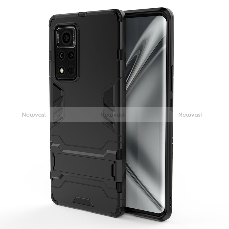 Silicone Matte Finish and Plastic Back Cover Case with Stand KC1 for Huawei Honor V40 5G Black