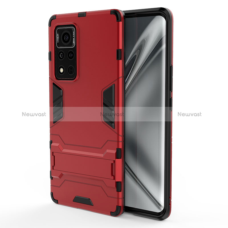 Silicone Matte Finish and Plastic Back Cover Case with Stand KC1 for Huawei Honor V40 5G Red