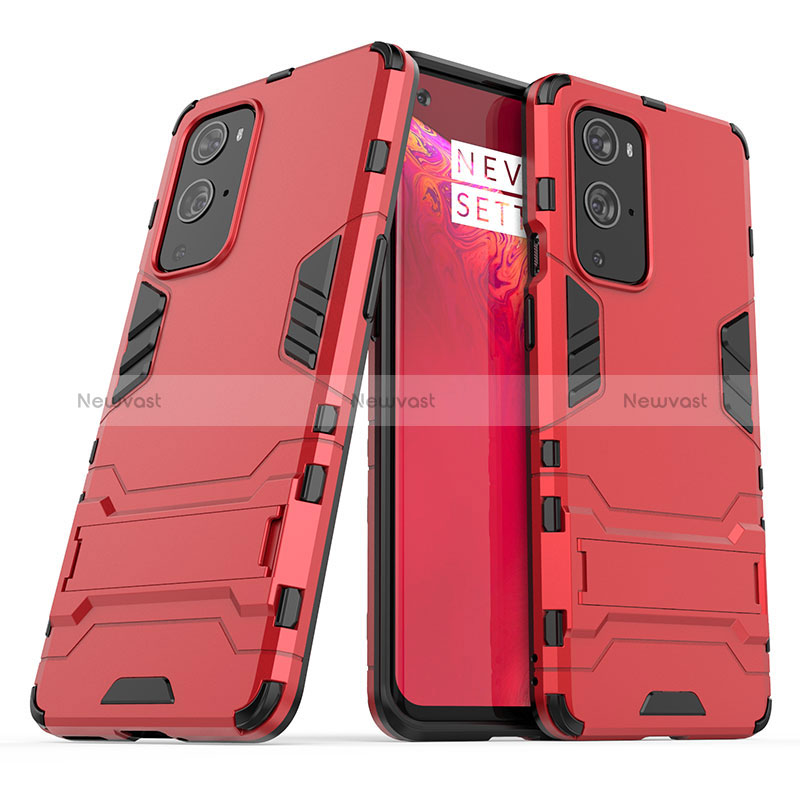 Silicone Matte Finish and Plastic Back Cover Case with Stand KC1 for OnePlus 9 Pro 5G Red