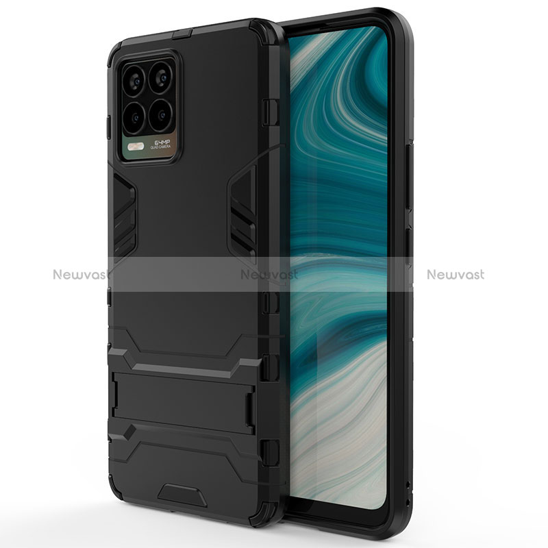 Silicone Matte Finish and Plastic Back Cover Case with Stand KC1 for Realme 8 4G Black