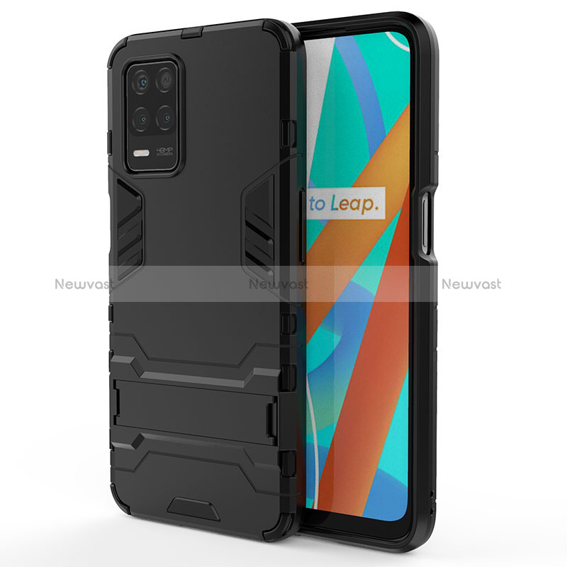 Silicone Matte Finish and Plastic Back Cover Case with Stand KC1 for Realme 8 5G Black