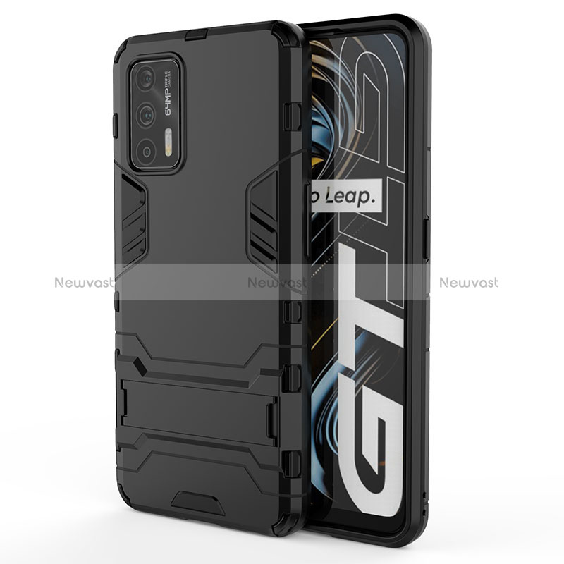 Silicone Matte Finish and Plastic Back Cover Case with Stand KC1 for Realme GT Neo 2T 5G Black