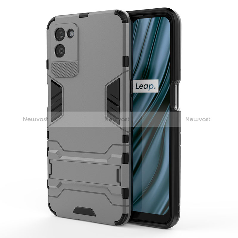 Silicone Matte Finish and Plastic Back Cover Case with Stand KC1 for Realme V11 5G Gray