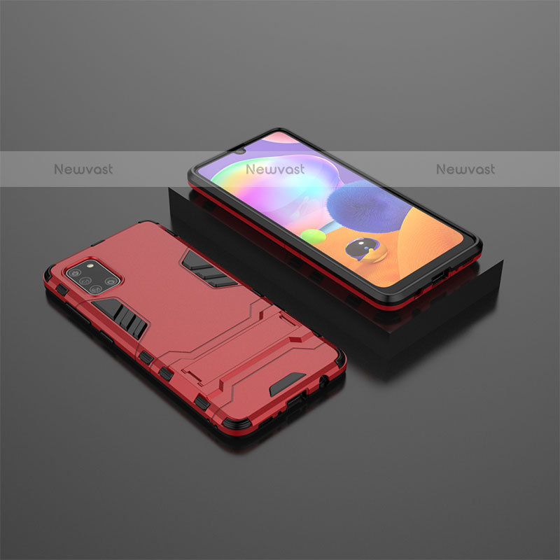 Silicone Matte Finish and Plastic Back Cover Case with Stand KC1 for Samsung Galaxy A31 Red