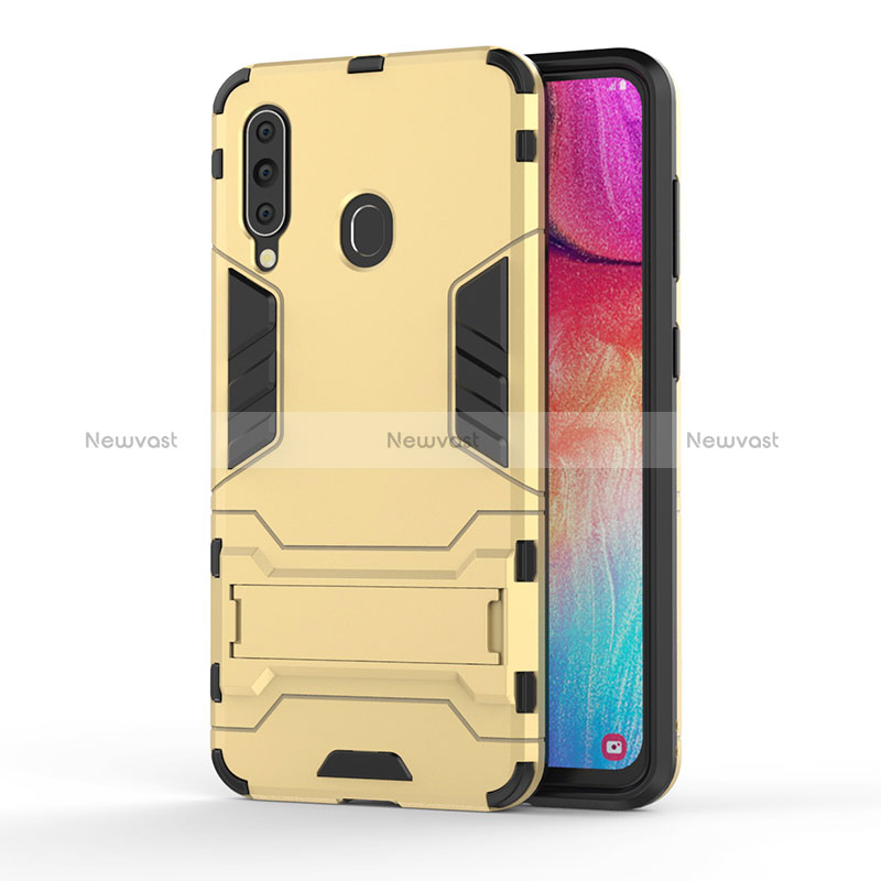 Silicone Matte Finish and Plastic Back Cover Case with Stand KC1 for Samsung Galaxy A60 Gold