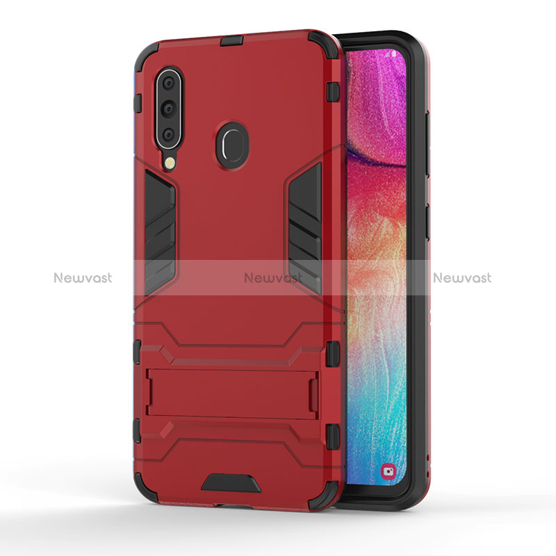 Silicone Matte Finish and Plastic Back Cover Case with Stand KC1 for Samsung Galaxy A60 Red