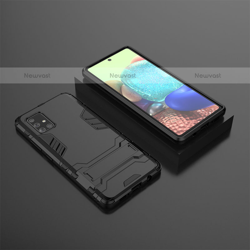 Silicone Matte Finish and Plastic Back Cover Case with Stand KC1 for Samsung Galaxy A71 4G A715 Black