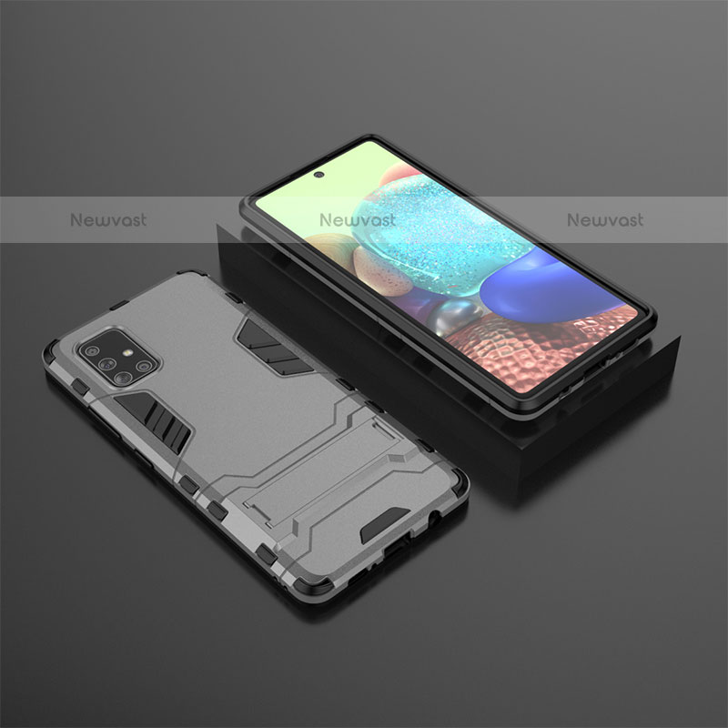 Silicone Matte Finish and Plastic Back Cover Case with Stand KC1 for Samsung Galaxy A71 4G A715 Gray