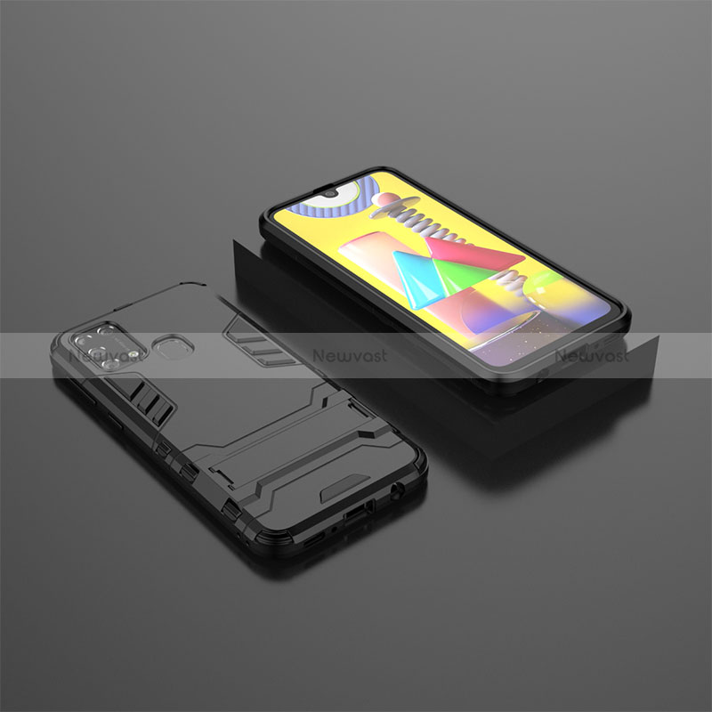 Silicone Matte Finish and Plastic Back Cover Case with Stand KC1 for Samsung Galaxy M21s Black