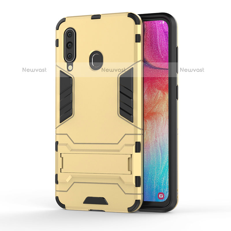 Silicone Matte Finish and Plastic Back Cover Case with Stand KC1 for Samsung Galaxy M40 Gold