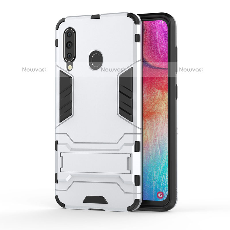 Silicone Matte Finish and Plastic Back Cover Case with Stand KC1 for Samsung Galaxy M40 White