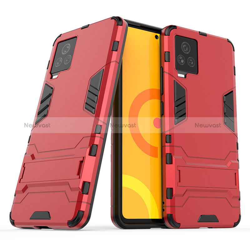 Silicone Matte Finish and Plastic Back Cover Case with Stand KC1 for Vivo iQOO 7 5G Red