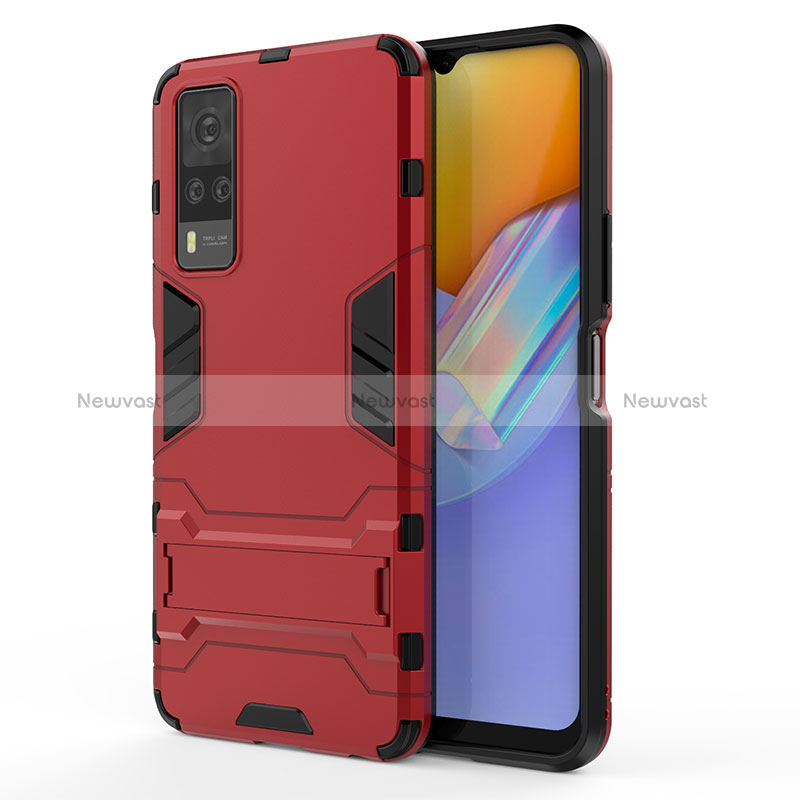 Silicone Matte Finish and Plastic Back Cover Case with Stand KC1 for Vivo Y31 (2021) Red