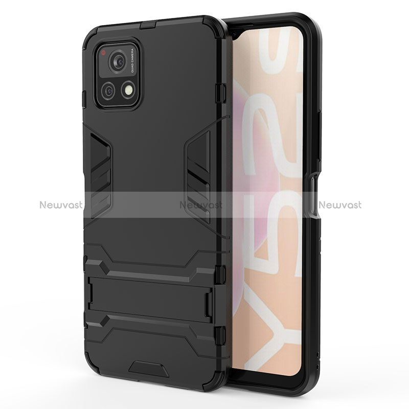 Silicone Matte Finish and Plastic Back Cover Case with Stand KC1 for Vivo Y31s 5G Black