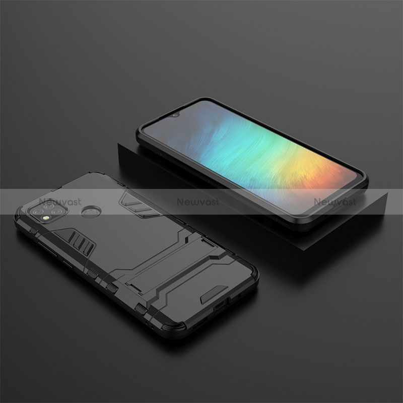 Silicone Matte Finish and Plastic Back Cover Case with Stand KC1 for Xiaomi POCO C3 Black