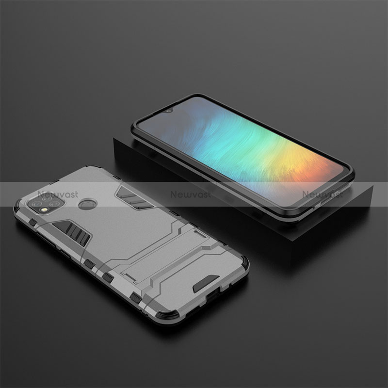 Silicone Matte Finish and Plastic Back Cover Case with Stand KC1 for Xiaomi POCO C3 Gray
