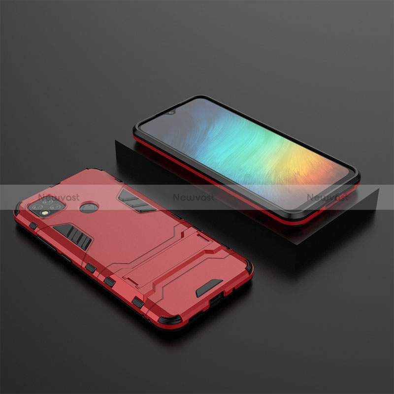Silicone Matte Finish and Plastic Back Cover Case with Stand KC1 for Xiaomi POCO C3 Red