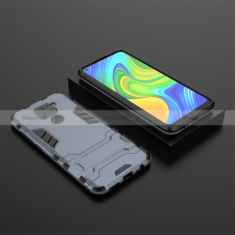 Silicone Matte Finish and Plastic Back Cover Case with Stand KC1 for Xiaomi Redmi Note 9 Blue