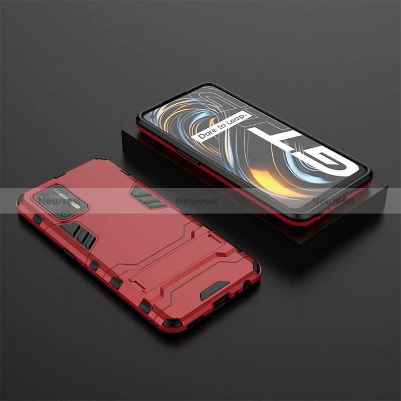 Silicone Matte Finish and Plastic Back Cover Case with Stand KC2 for Realme GT 5G Red