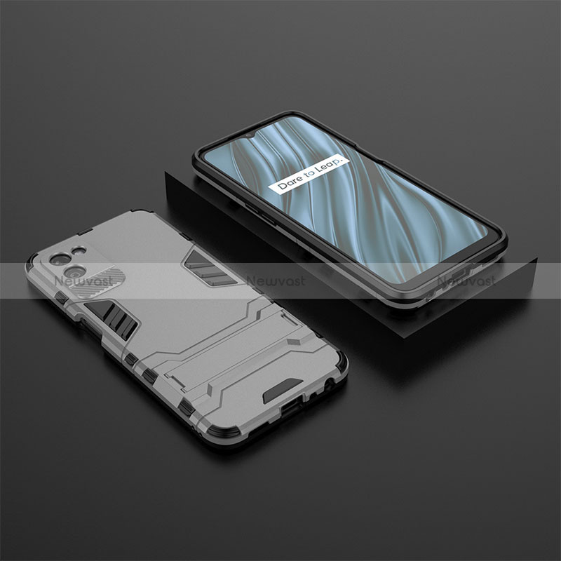 Silicone Matte Finish and Plastic Back Cover Case with Stand KC2 for Realme V11 5G Gray