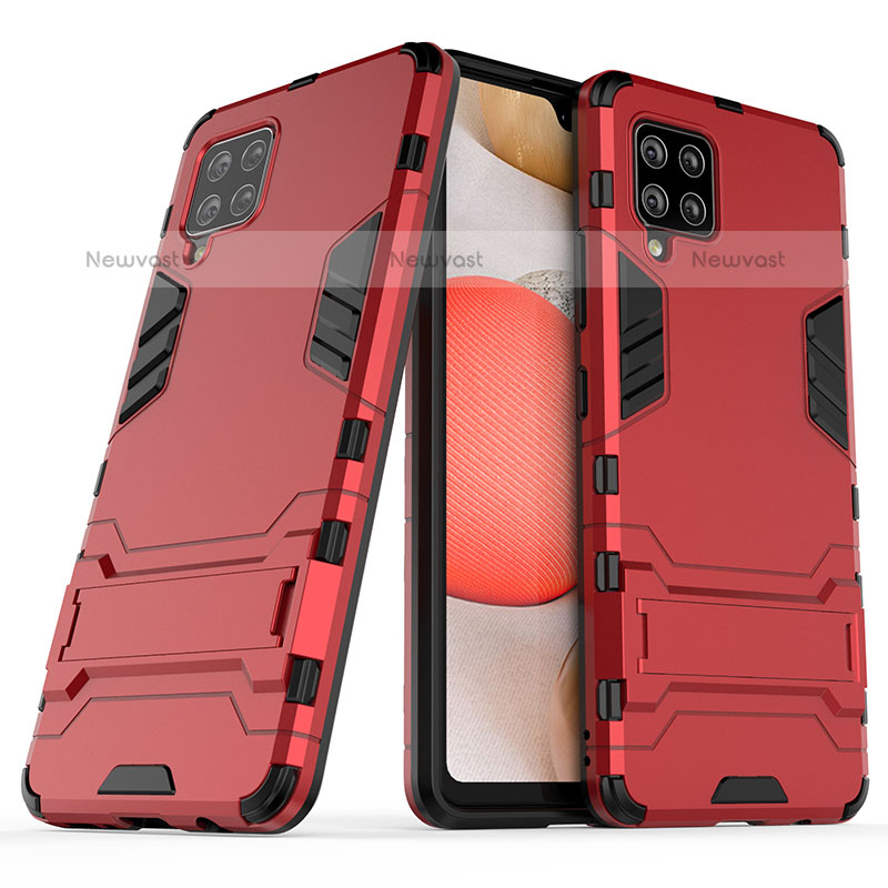 Silicone Matte Finish and Plastic Back Cover Case with Stand KC2 for Samsung Galaxy A42 5G Red