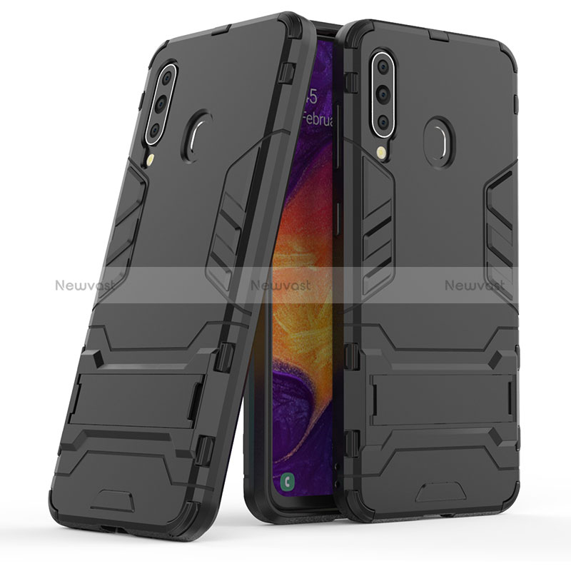 Silicone Matte Finish and Plastic Back Cover Case with Stand KC2 for Samsung Galaxy A60 Black