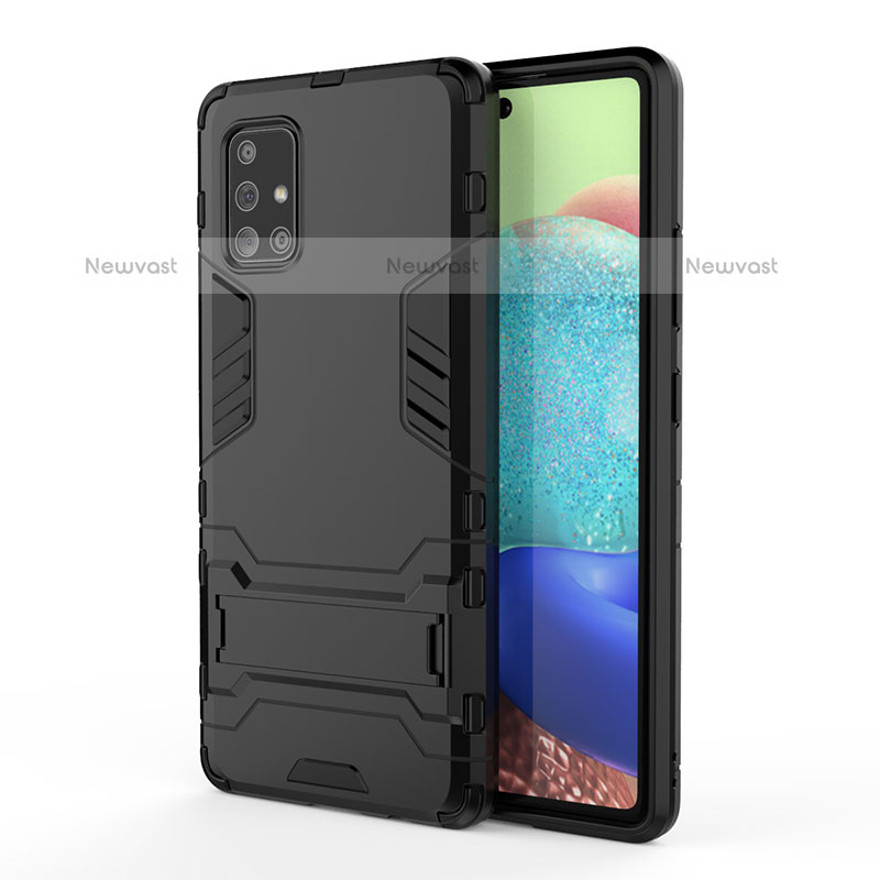 Silicone Matte Finish and Plastic Back Cover Case with Stand KC2 for Samsung Galaxy A71 4G A715 Black